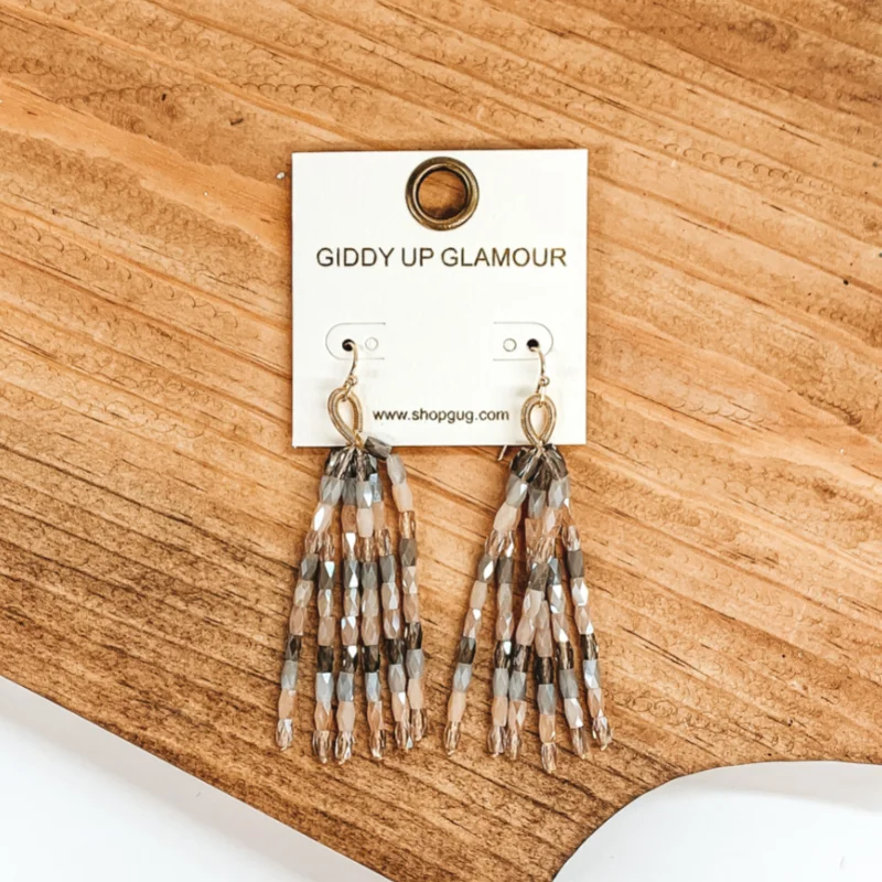 Women’s minimalist hoop earrings-Crystal Beaded Tassel Earrings in Nude