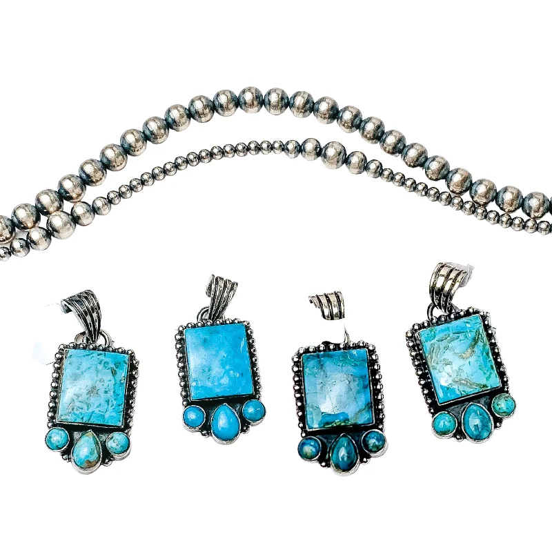 Women’s trendy hoop earrings-HaDa Collections | Sterling Silver and Blue Kingman Turquoise Square Stone Pendant with Three Accent Stones