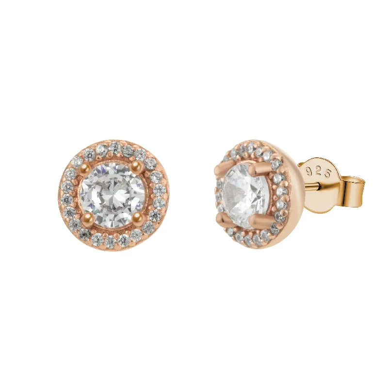 Women’s gemstone earrings-Rose Gold Round Sparkle Halo Crystal Pave Stud Earrings