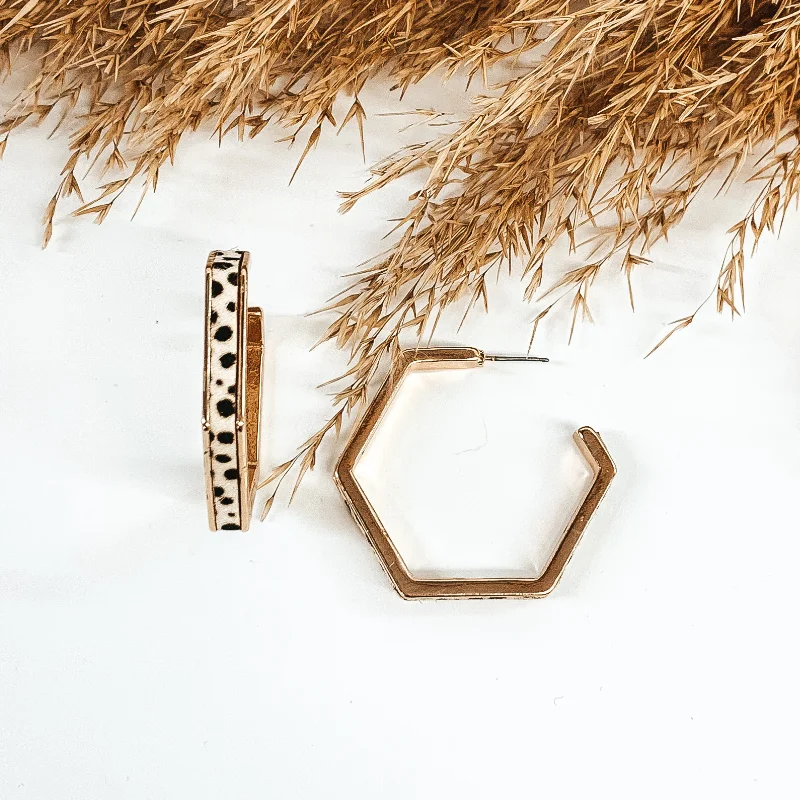 Women’s long dangle earrings-Gold Hexagon Hoops with Cow Hide Inlay in White Dotted