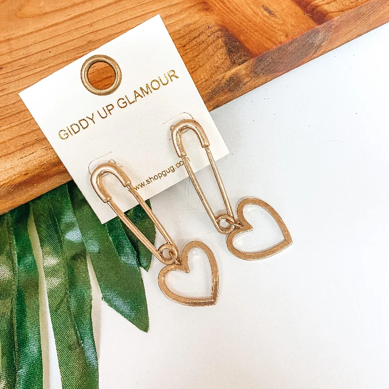 Women’s silver stud earrings-Safely Stylish Heart Dangle Earrings in Gold