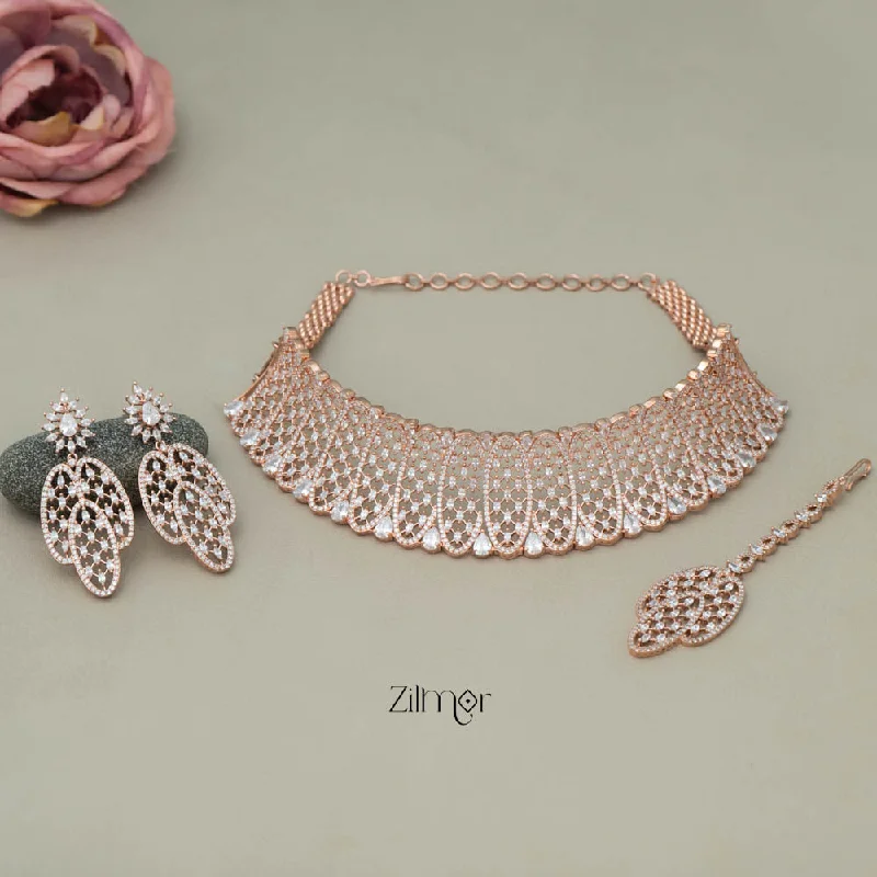 Women’s rose gold earrings-Aadifa - AD Necklace Set with Earrings, Maang Tikka