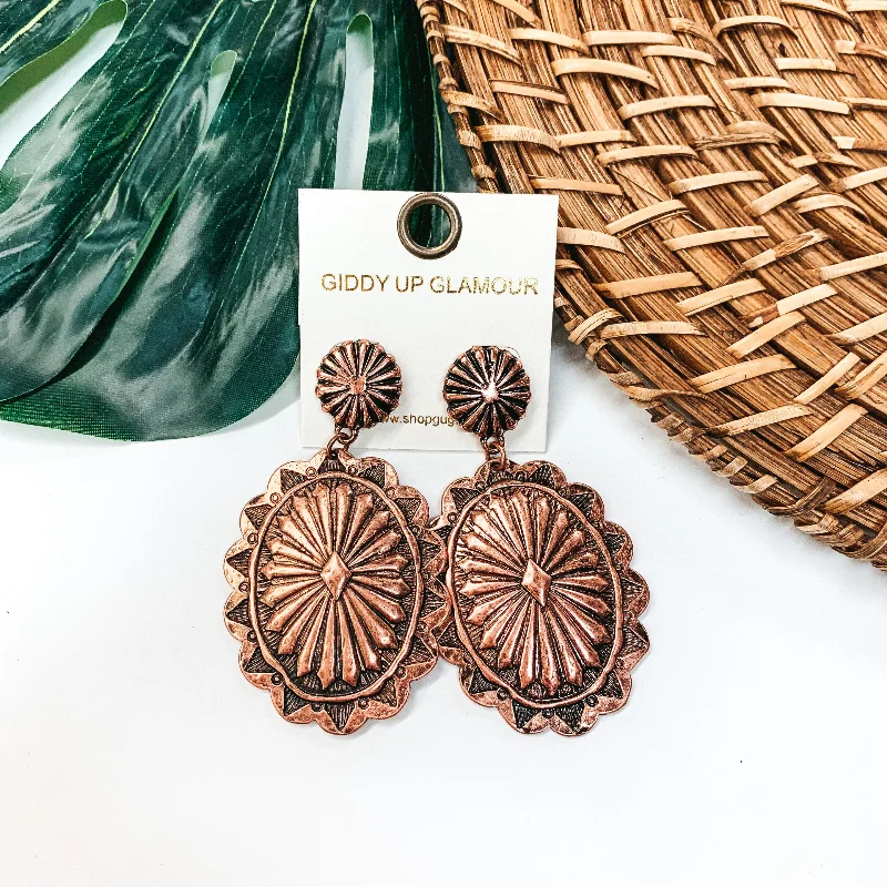 Women’s handmade earrings-Oval Concho Post Earrings in Copper Tone