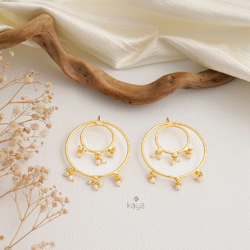 Women’s hoop earrings-Double Ring with Pearl Hanging Earrings  - KE100444