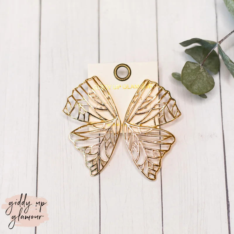 Women’s statement drop earrings-Gold Butterfly Wing Earrings