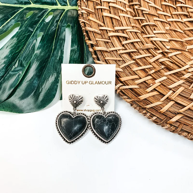 Women’s beach earrings-Heart Stone Post Earrings in Black