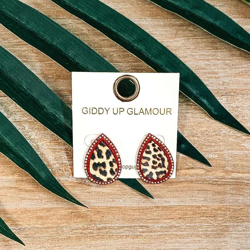 Women’s gold stud earrings-Teardrop Leopard Print Studs in Red with AB Crystals