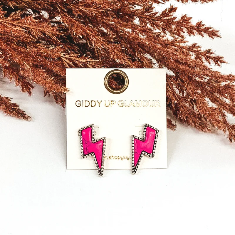 Women’s vintage diamond earrings-Lightning Bolt Stone Stud Earrings in Pink