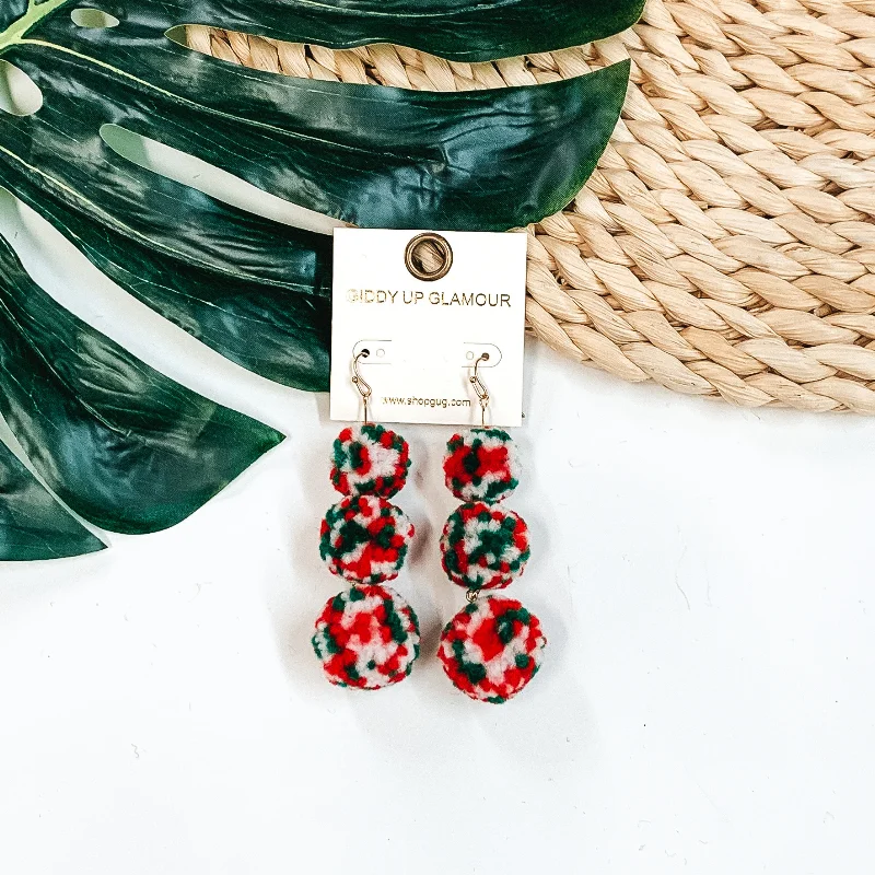 Women’s nature-inspired earrings-Three Tiered Pom Pom Dangle Earrings in Red/Green