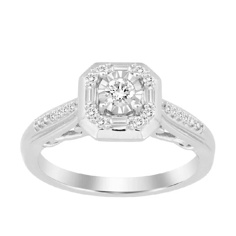 Women’s contemporary engagement ring-LADIES RING 0.25CT ROUND/BAGUETTE DIAMOND 10K WHITE GOLD