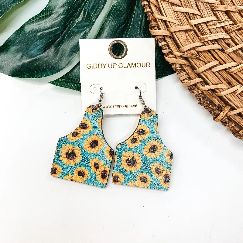 Women’s heart-shaped diamond earrings-Sunflower Wood Ear Tag Earrings in Turquoise