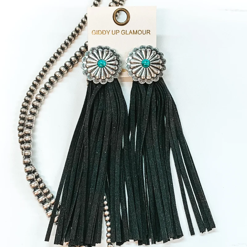 Women’s precious diamond earrings-Silver Concho and Center Turquoise Stone Post Earrings with Faux Leather Tassels in Black