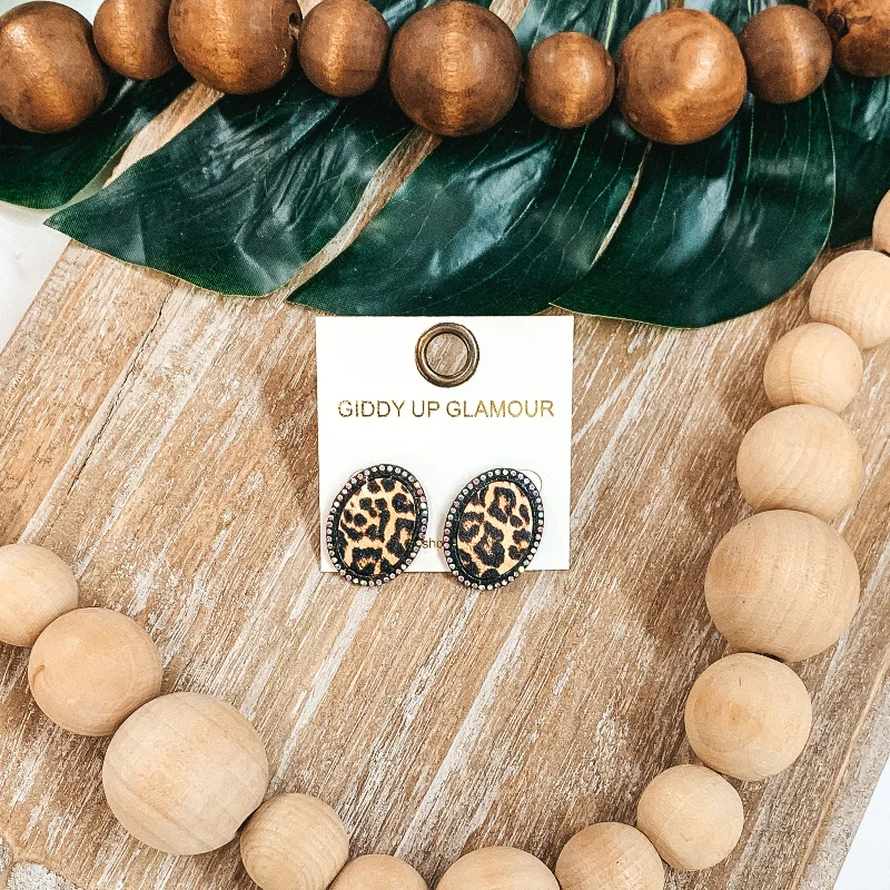 Women’s wedding earrings-Oval Leopard Print Studs in Patina with AB Crystals