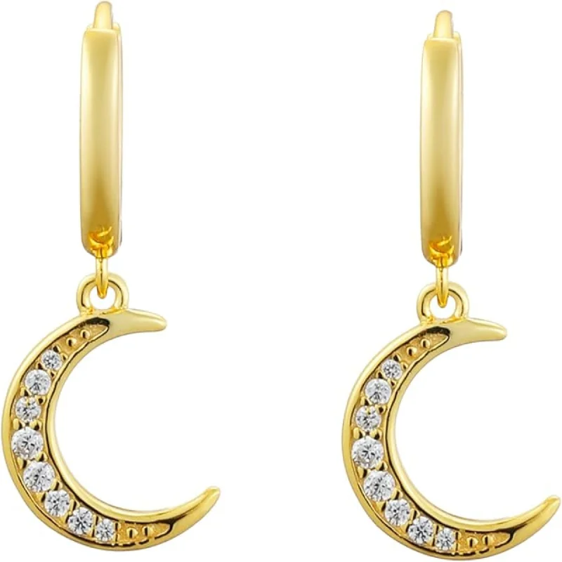 Women’s cuff earrings-Crescent Moon Crystal Dangle Hoop Earrings