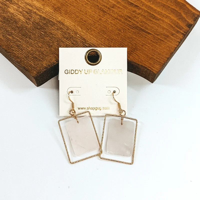 Women’s luxurious earrings-Gold Wire Rectangle Earrings with Stone Pendant in Rose