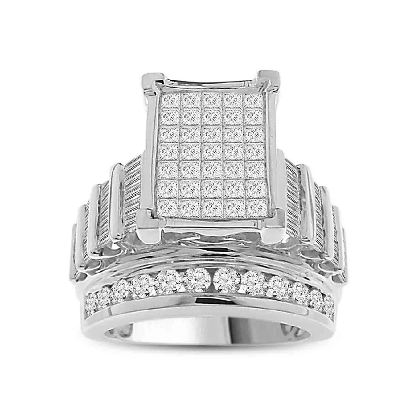 Women’s diamond-studded ring-LADIES RING 3.00CT ROUND/PRINCESS/BAGUETTE DIAMOND 10K WHITE GOLD