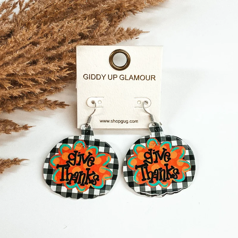 Women’s statement earrings-Give Thanks Pumpkin Metal Dangle Earrings in White Buffalo Plaid