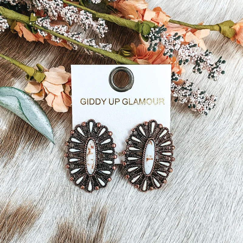 Women’s floral earrings-Copper Tone Oval Cluster Post Earrings in Ivory