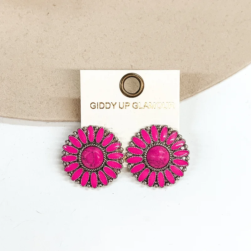 Women’s luxurious gold earrings-Circle Concho Cluster Epoxy Stud Earrings in Pink