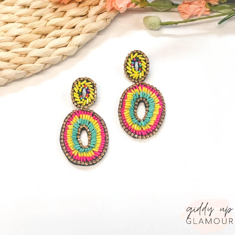 Women’s crystal earrings-Bugle Bead Oval Earrings in Multicolor