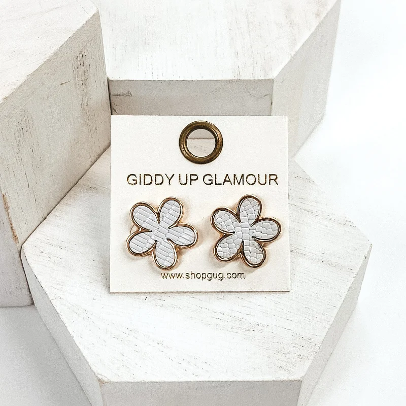 Women’s art deco earrings-Gold Flower Studs in White