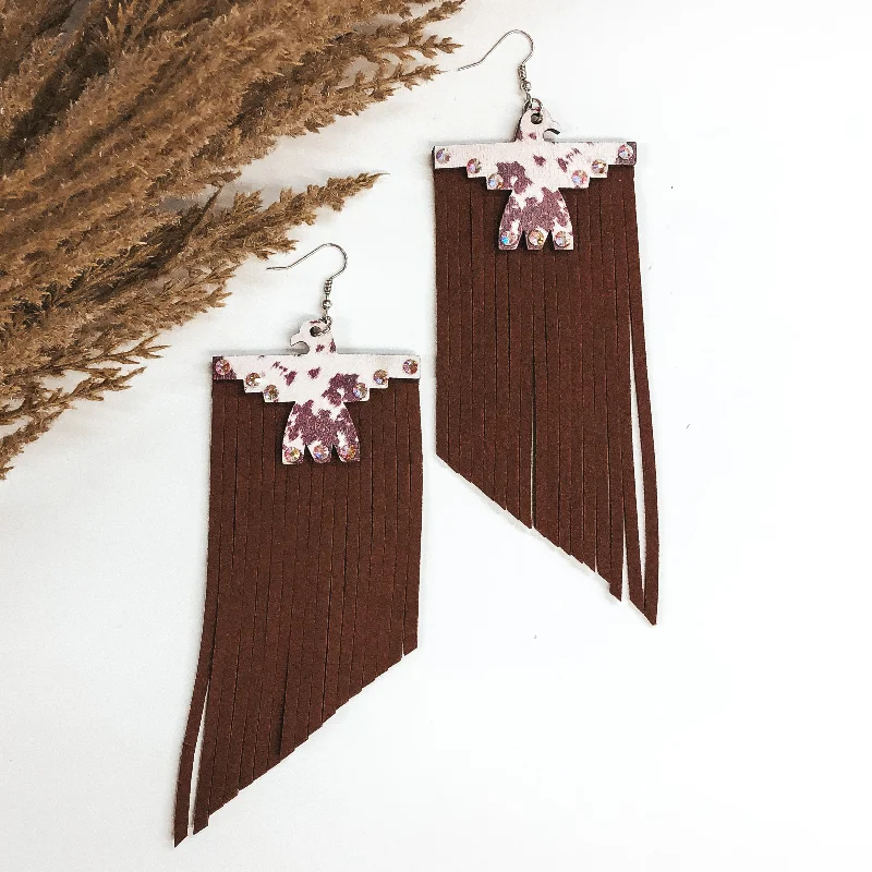 Women’s anniversary earrings-Cow Print Thunderbird Wood Earrings with Brown Tassels