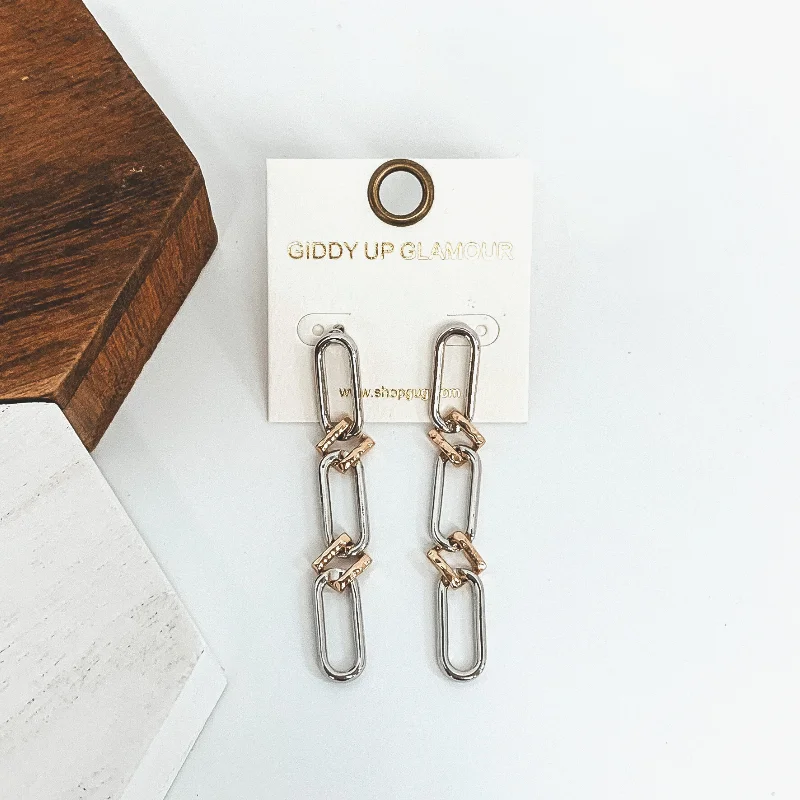 Women’s sterling silver earrings-Don't Leave Me Hanging Chain Link Earrings in Silver Tone & Gold Mix Metal