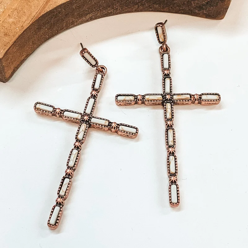 Women’s colorful earrings-Western Cross Earrings in Copper Tone with Faux Ivory Stones