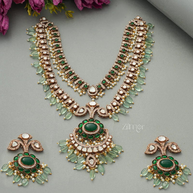 Women’s holiday earrings-KH1011325 - Moissanite Stone and Green layered haar Polki Uncut Necklace Earrings Bridal Set