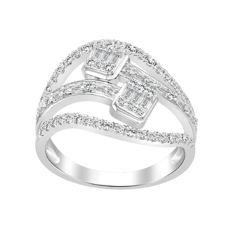 Women’s radiant diamond ring-LADIES RING 0.75CT ROUND/BAGUETTE DIAMOND 14K WHITE GOLD