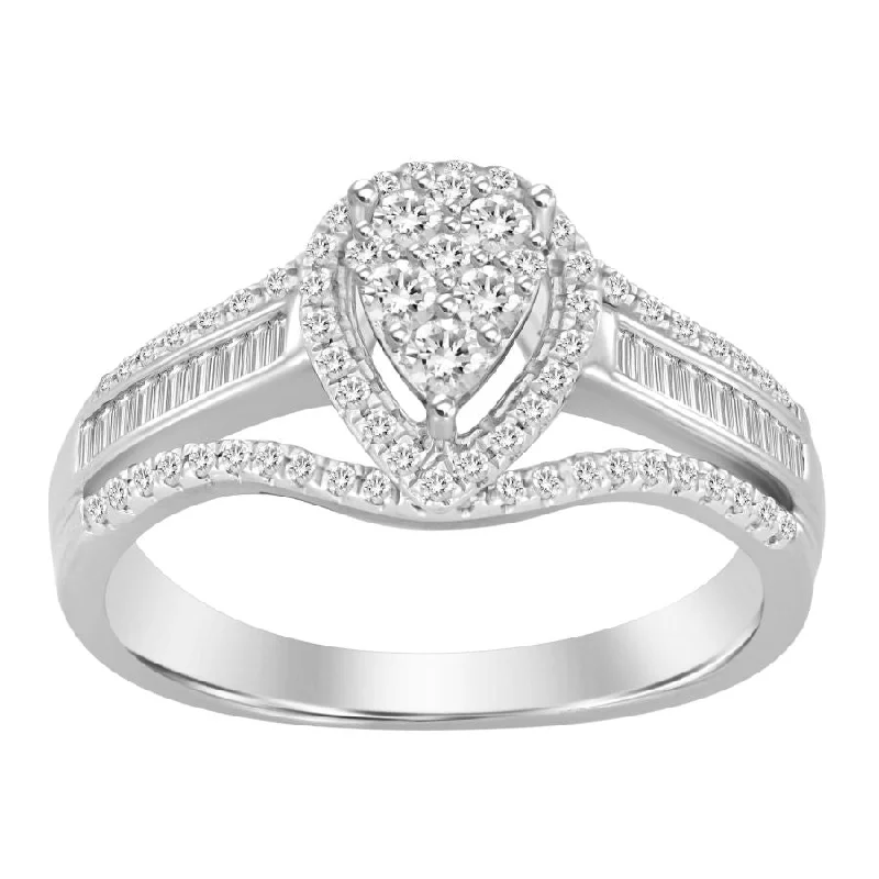 Women’s gemstone cocktail ring-LADIES RING 0.50CT ROUND/BAGUETTE DIAMOND 10K WHITE GOLD