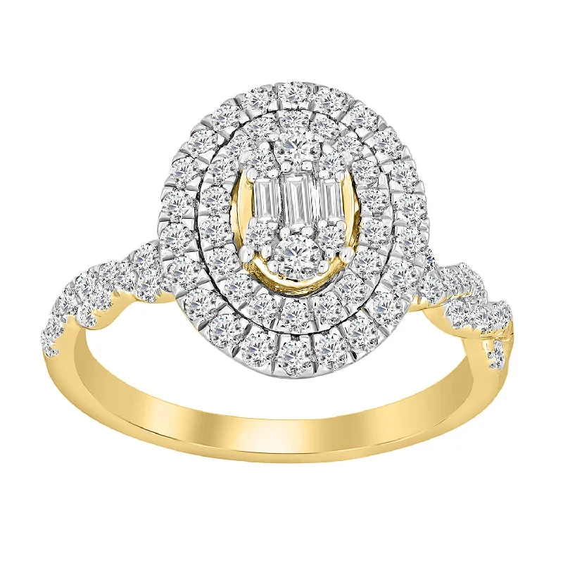 Women’s bold cocktail ring-LADIES RING 0.75CT ROUND/BAGUETTE DIAMOND 14K YELLOW GOLD