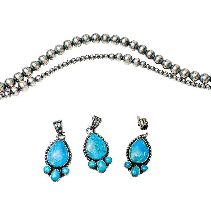 Women’s bohemian earrings-HaDa Collections | Sterling Silver and Kingman Turquoise Teardrop Stone Pendant with Three Accent Stones