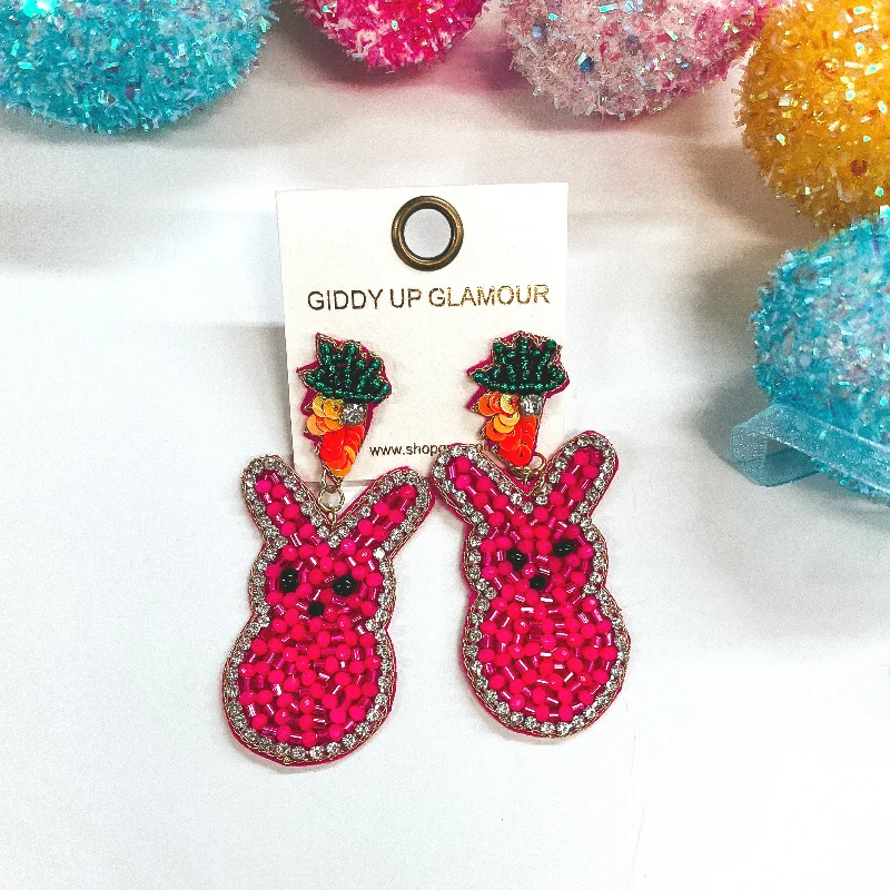 Women’s luxury diamond earrings-Hoppin' Along Beaded Carrot Post Earrings with Bunny Peep Dangle in Pink