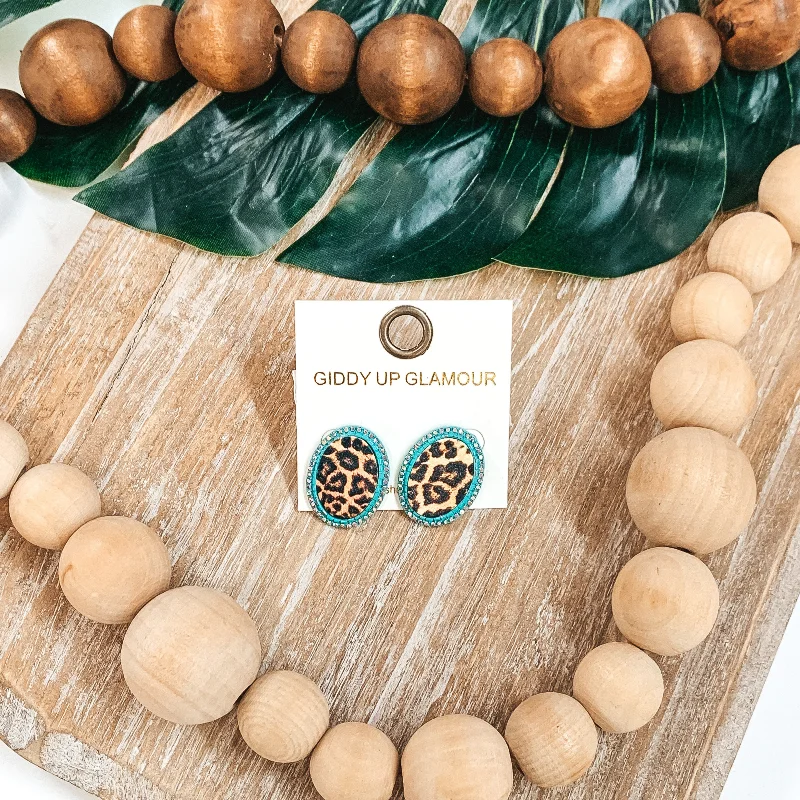 Women’s gemstone stud earrings-Oval Leopard Print Studs in Turquoise with Clear Crystals