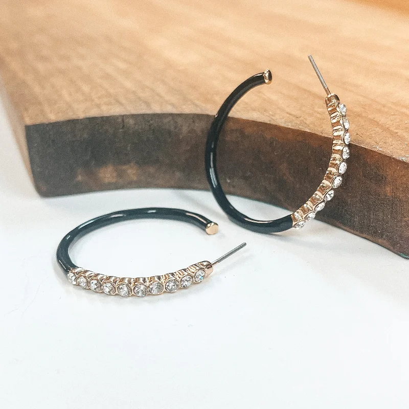 Women’s retro earrings-Open Ended Circle Hoops with Crystals in Black