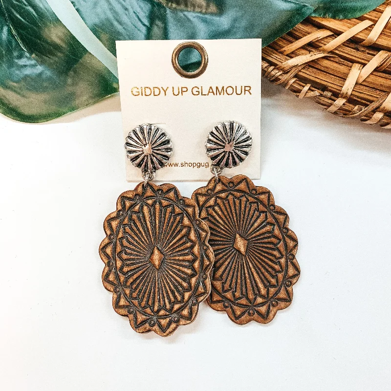 Women’s stylish earrings-Western Patterned Oval Leather Concho Post Earrings