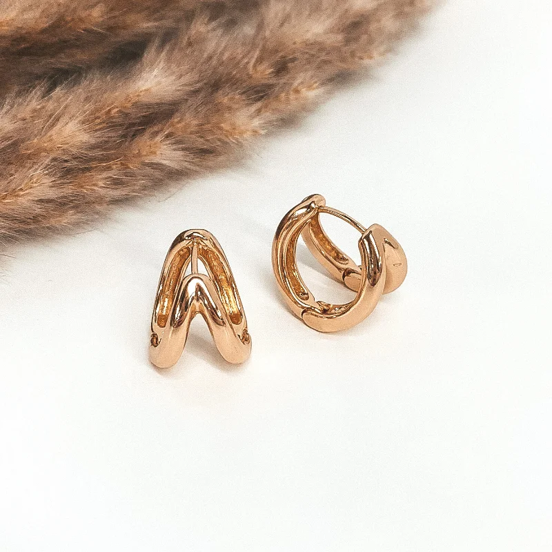 Women’s geometric earrings-Thick Double Hoop Huggie Earrings in Gold Tone