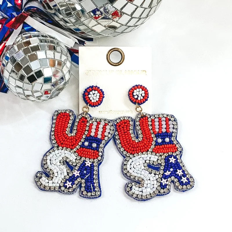 Women’s retro earrings-Beaded USA Drop Earrings with Clear Crystal Outline