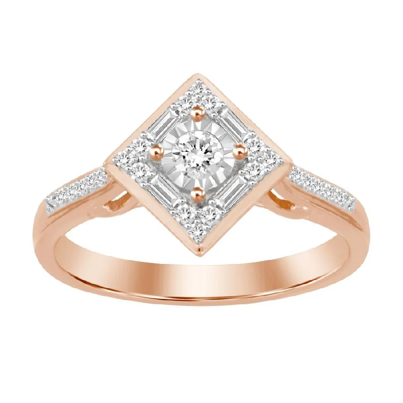 Women’s engagement ring with emerald-LADIES RING 0.25CT ROUND/BAGUETTE DIAMOND 10K ROSE GOLD