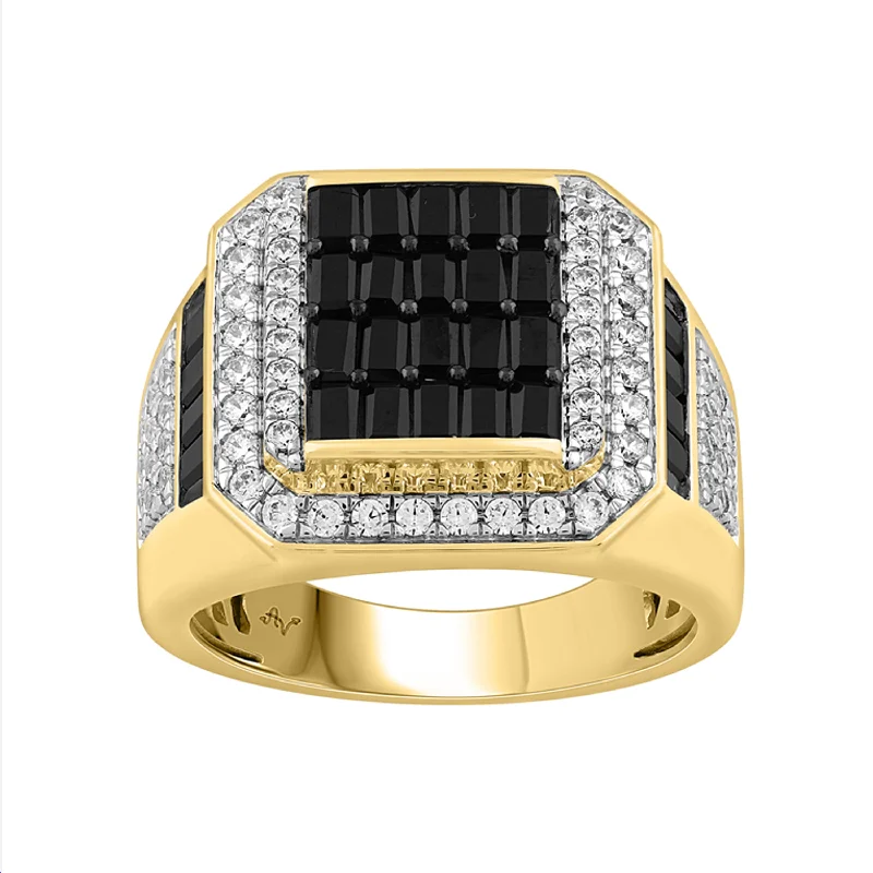 Women’s fashion ring-MEN'S RING 2.00CT ROUND/BLACK/BAGUETTE DIAMOND 10K YELLOW GOLD