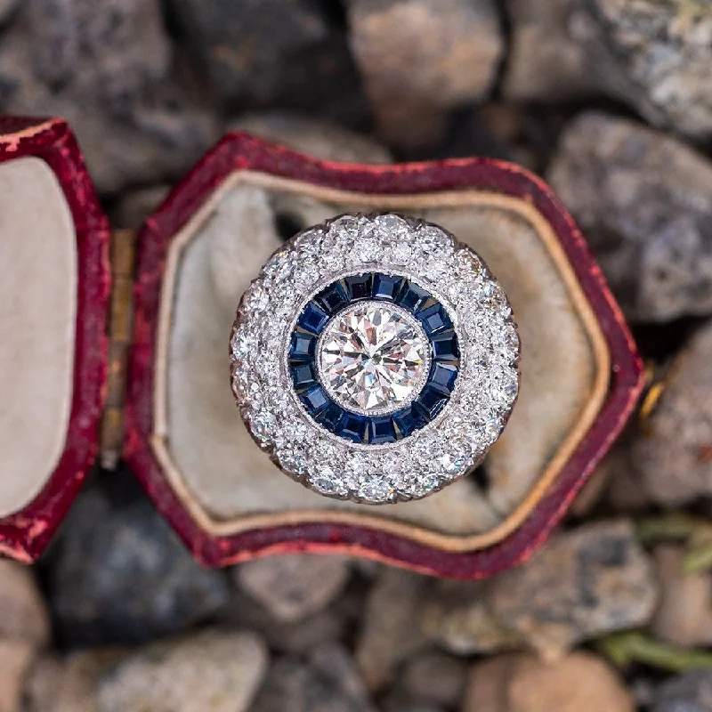 Women’s stackable silver rings-VINTAGE JEWELRY DIAMOND SAPPHIRE HALO COCKTAIL RING PLATINUM