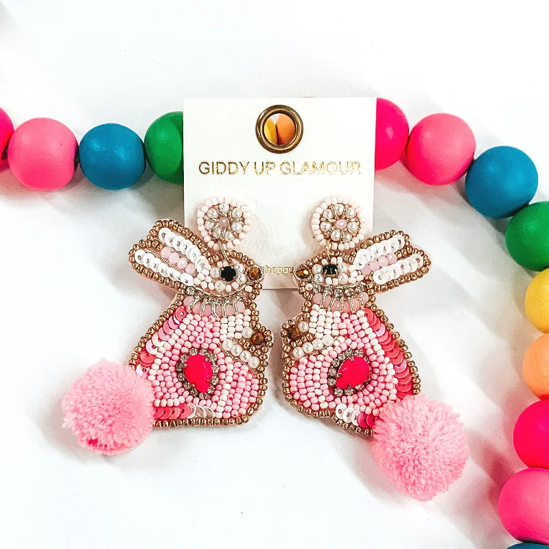 Women’s silver dangle earrings-Beaded Bunny Rabbit Earrings in Pink