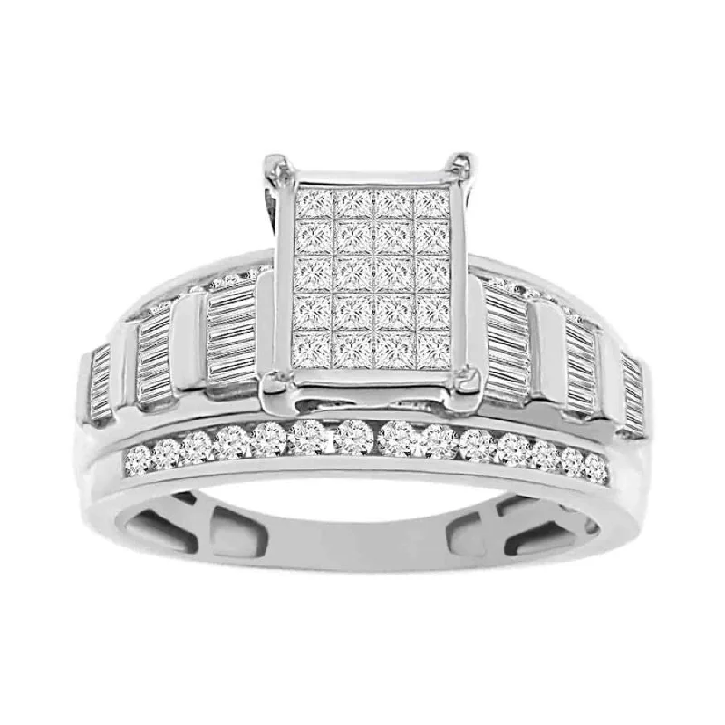 Women’s fancy diamond ring-LADIES RING 1.00CT ROUND/PRINCESS/BAGUETTE DIAMOND 10K WHITE GOLD