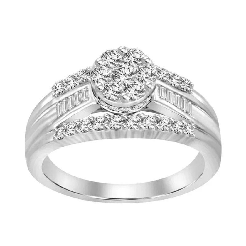 Women’s cocktail ring-LADIES RING 1.00CT ROUND/BAGUETTE DIAMOND 10K WHITE GOLD