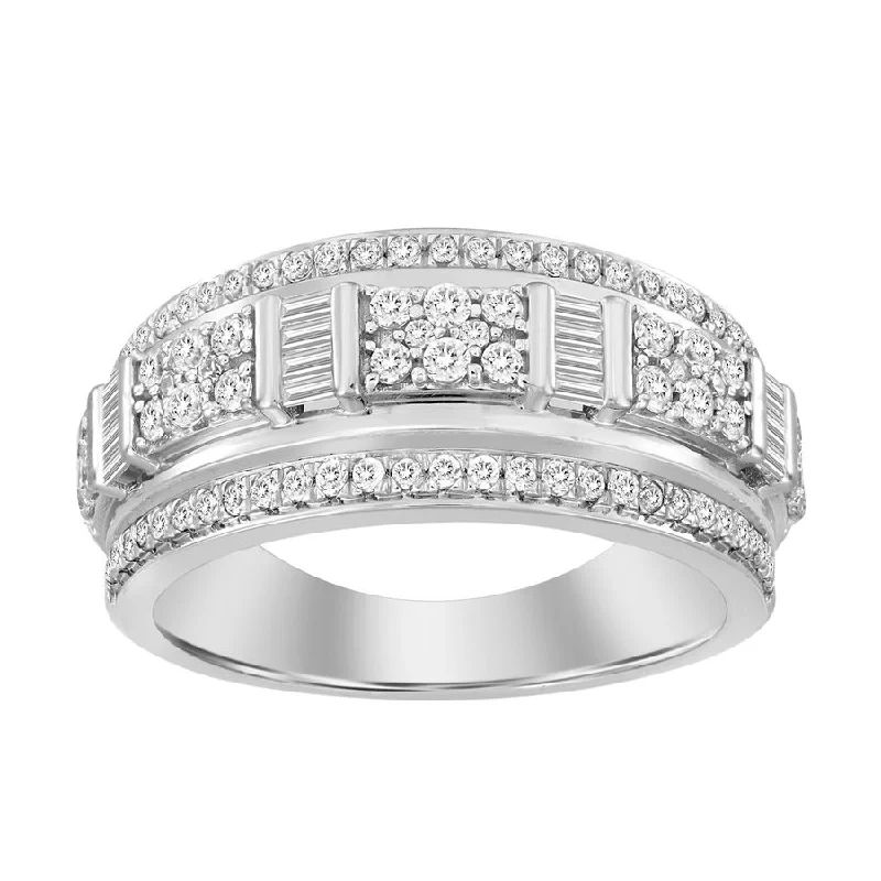 Women’s engraved ring-MEN'S RING 1.00CT ROUND/BAGUETTE DIAMOND 14K WHITE GOLD