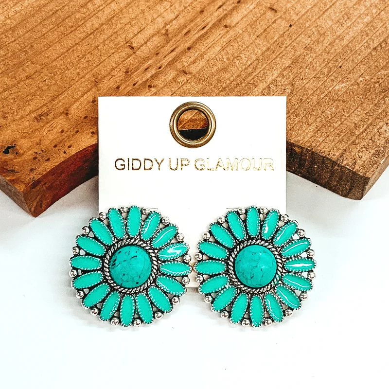 Women’s dangle earrings-Circle Concho Cluster Epoxy Stud Earrings in Turquoise