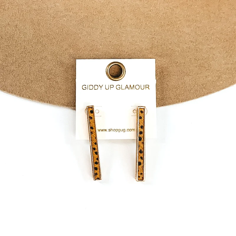 Women’s hand-crafted earrings-Rectangle Bar Earrings with Brown Dotted Print Inlay in Gold