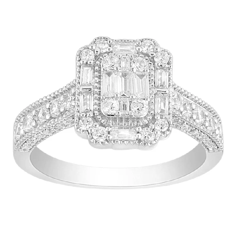 Women’s vintage engagement ring-LADIES RING 1.00CT ROUND/BAGUETTE DIAMOND 14K WHITE GOLD