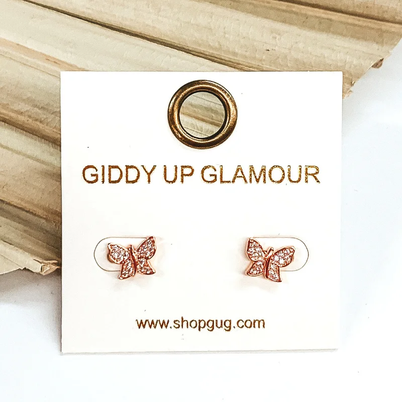 Women’s colorful earrings-Dainty Butterfly Shaped Stud Earrings with CZ Crystals in Rose Gold